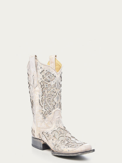 Corral Women’s White Glittered Inlay Crystals Square Toe