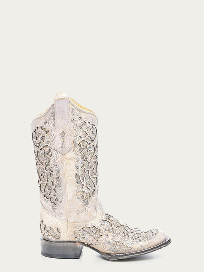 Corral Women’s White Glittered Inlay Crystals Square Toe