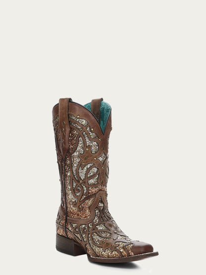 Corral Women’s Orix Glittered Inly Studs Brown Sq. Toe