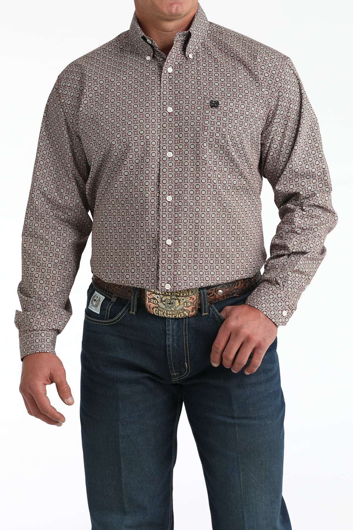 CINCH MEN'S BURGUNDY MEDALLION PRINT LONG SLEEVE SHIRT