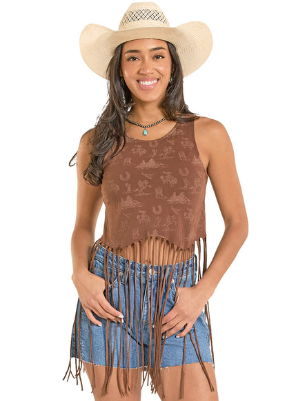 Rock&Roll Women’s Western Print Fringe Top BW20T08111