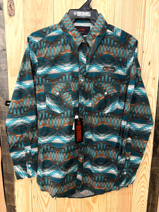 Rock&Roll Men’s Turquoise Aztec Print LS Shirt