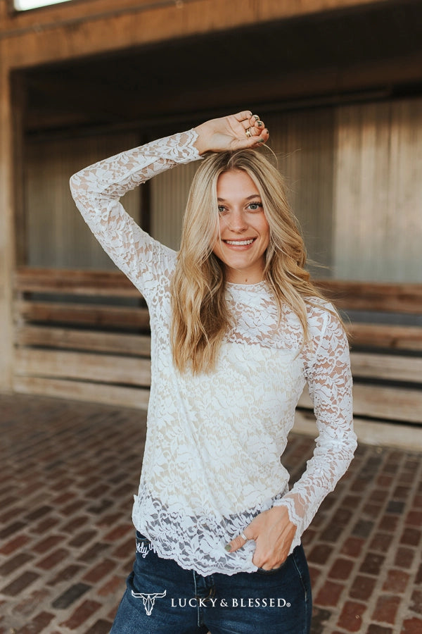 Lucky & Blessed White Floral Lace Mock Neck Long Sleeve Top TO10721