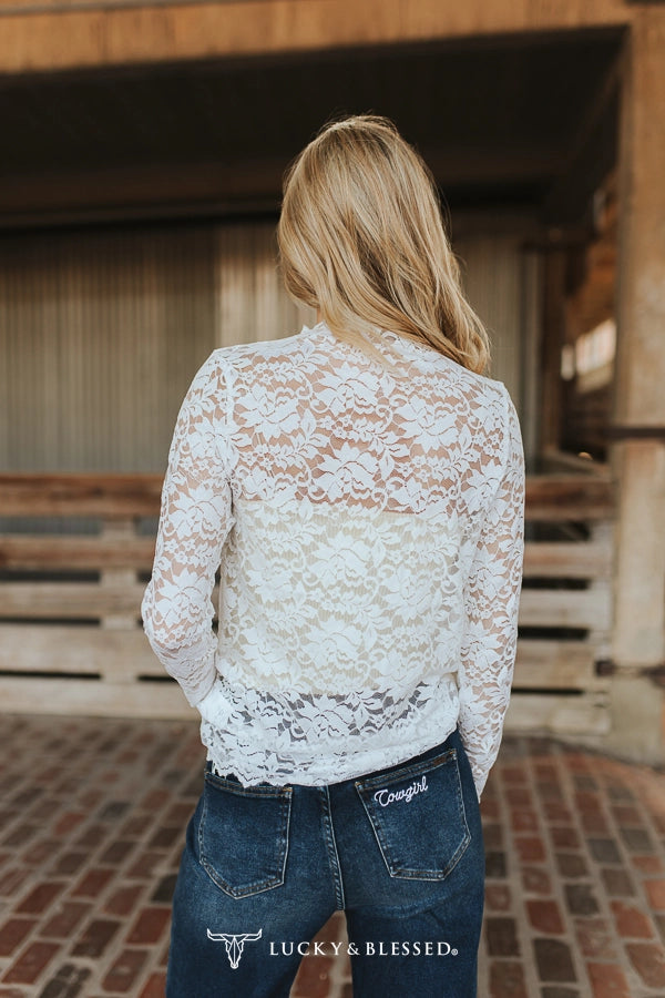 Lucky & Blessed White Floral Lace Mock Neck Long Sleeve Top TO10721
