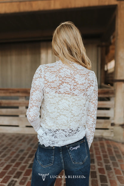 Lucky & Blessed White Floral Lace Mock Neck Long Sleeve Top TO10721
