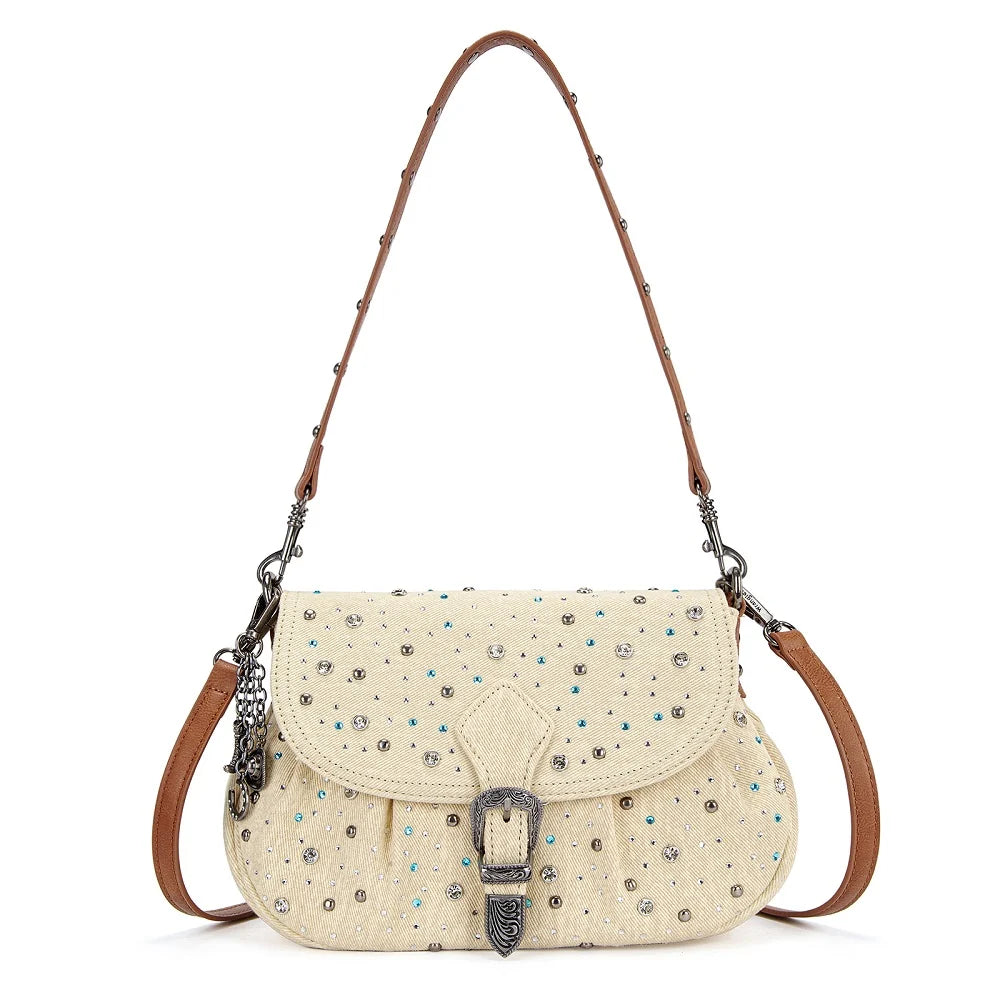 Wrangler Western Rhinestone Denim Flap Crossbody Shoulder Bag WG458-818TN