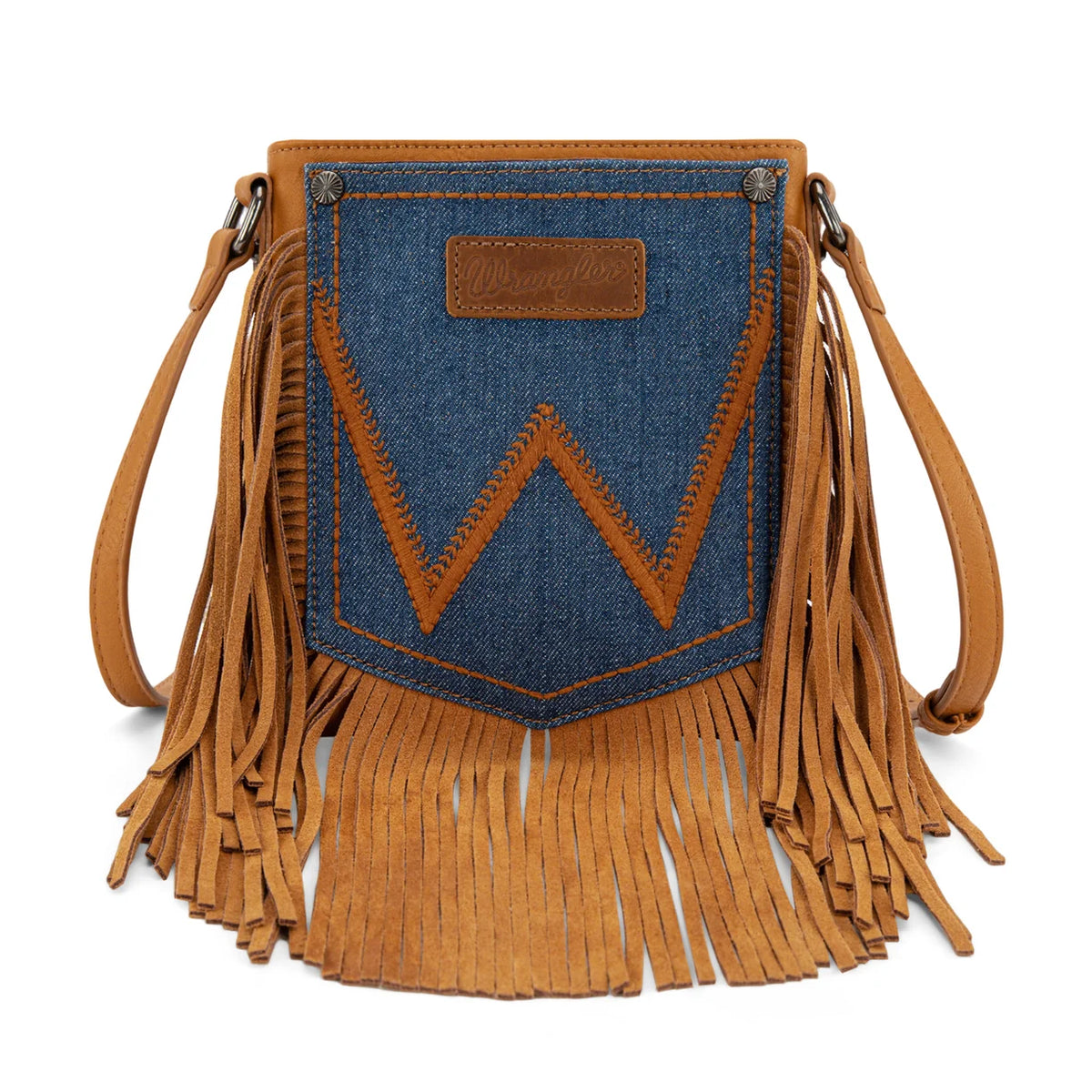 Wrangler Leather Fringe Jean Denim Pocket Crossbody Light Brown WG367-8360LBR