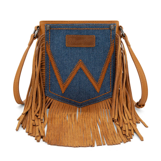 Wrangler Leather Fringe Jean Denim Pocket Crossbody Light Brown WG367-8360LBR
