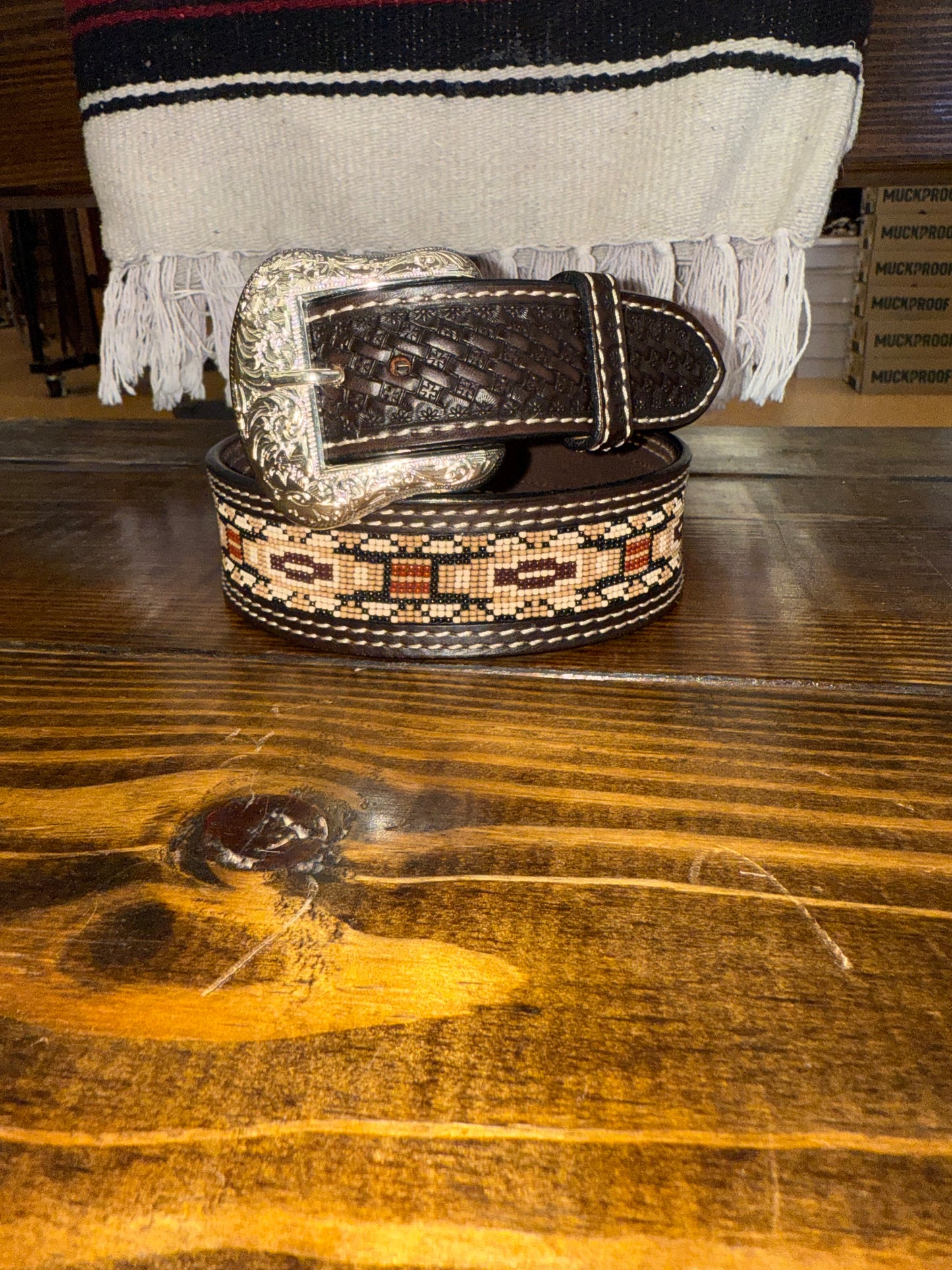Ranger Taper Belt With Basket Tooling Aztec Beads Inlay BT1415