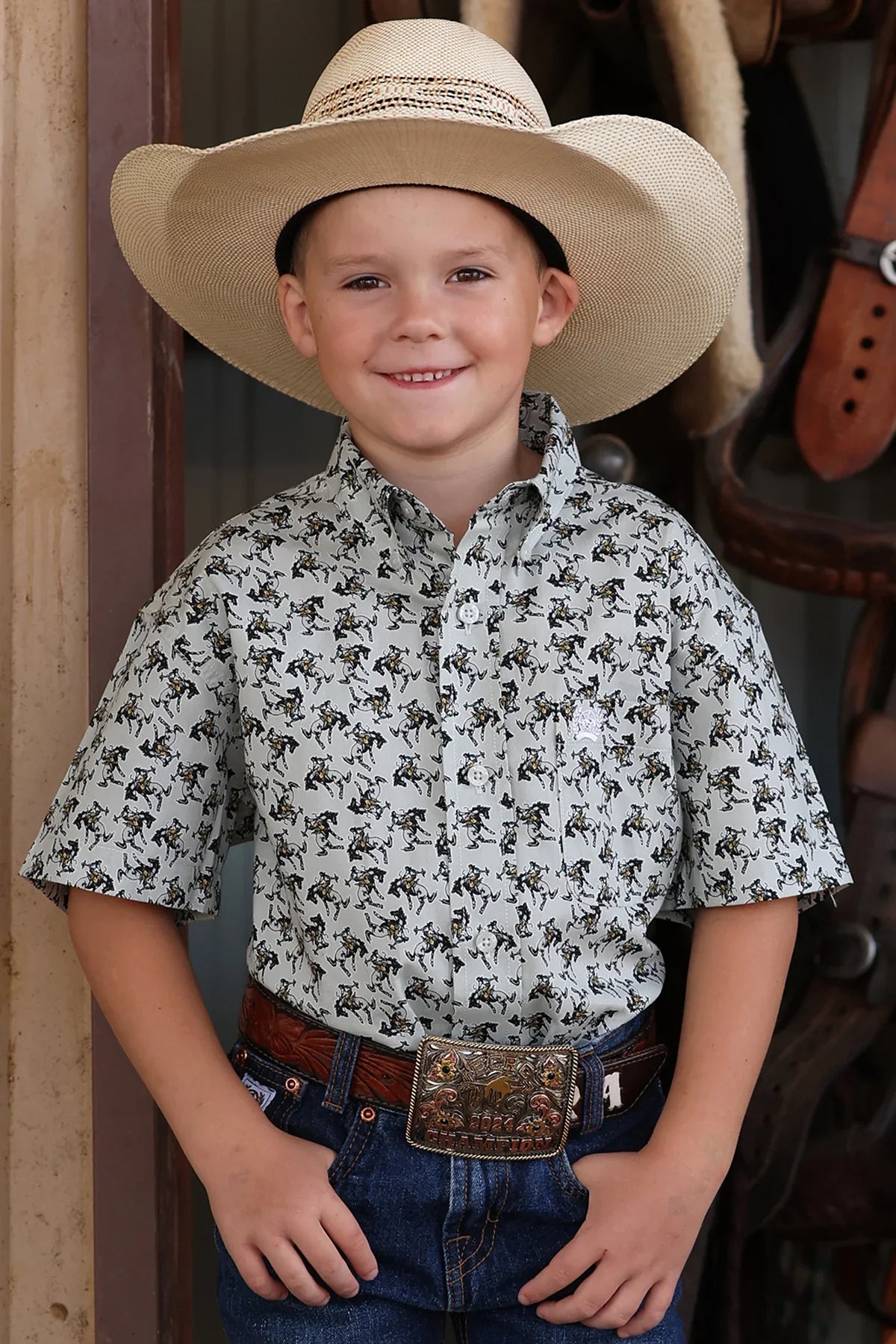 Cinch Boys Horse Print SS Button Down Western Shirt MTW7140038