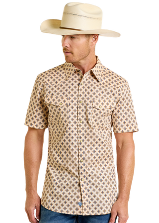 Rock&Roll Men’s Geo Print SS Tan Pearl Snap