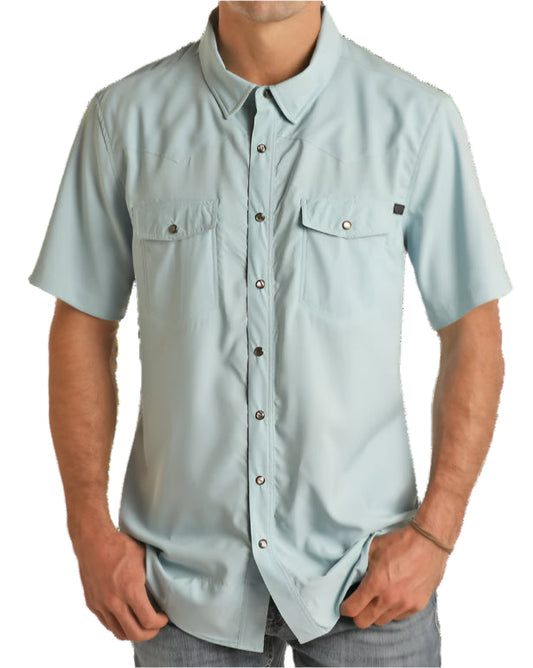 Rock&Roll Men’s Tek SS Ripstop Snap Aqua Shirt