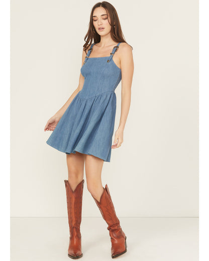 Rock&Roll Denim Women’s Medium Wash Buckle Strap Sleeveless Mini Dress