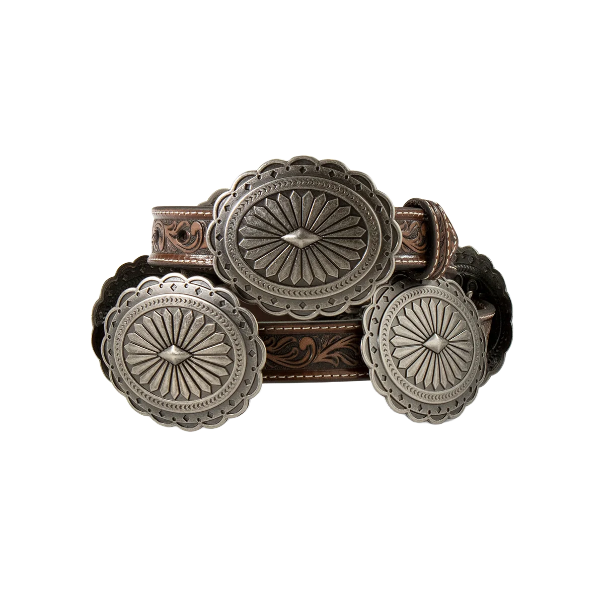 Ariat Ladies Oval Floral Silver Concho Tan Leather Belt