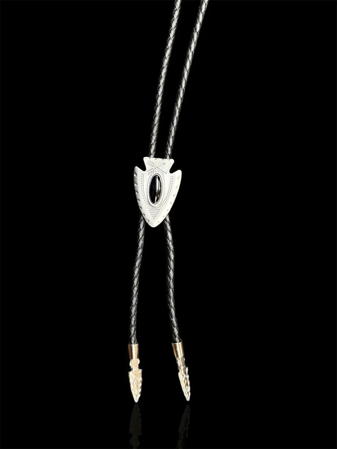 Double S Antiqued Silver Arrowhead Black Leatherette Bolo Tie