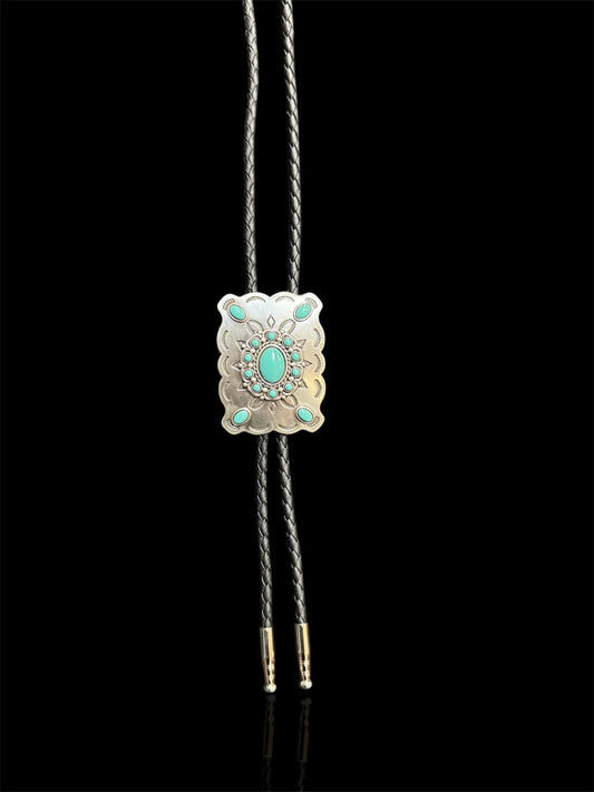 Double S Silver Rectangle Western Concho with Turquoise Black Leather Bolo Tie