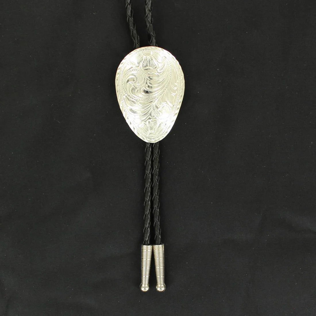 Double S Crumrine Silver Oval Floral Western Black Bolo Tie C10855
