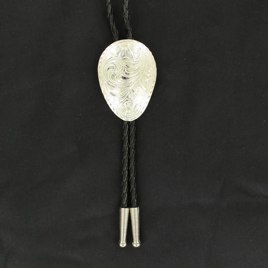Double S Crumrine Silver Oval Floral Western Black Bolo Tie C10855