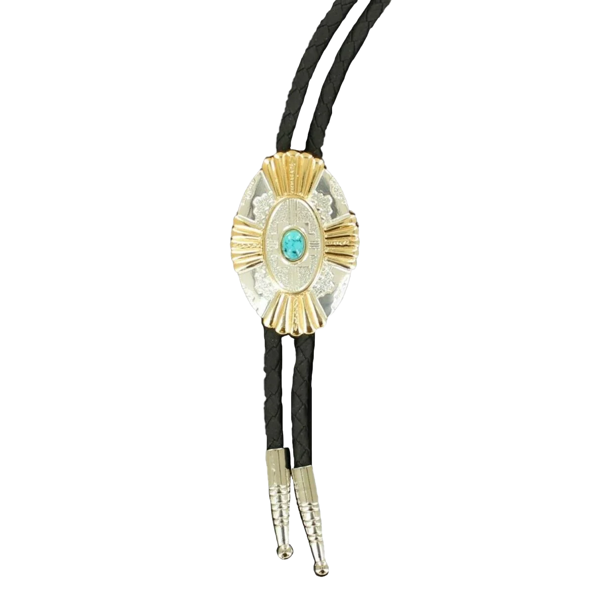Double S Silver & Gold Cross w/ Turquoise Stone Concho Bolo Tie