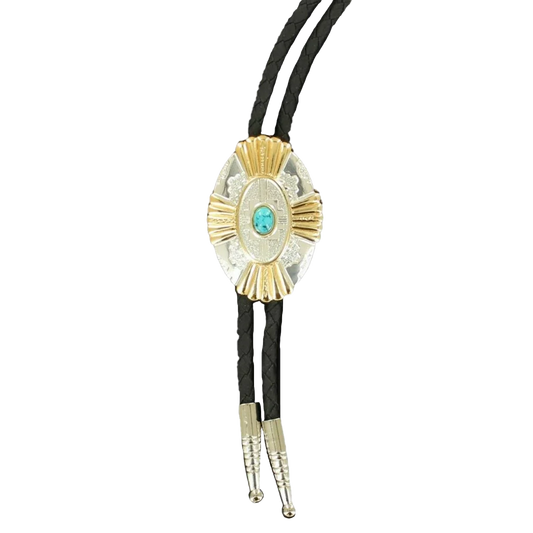 Double S Silver & Gold Cross w/ Turquoise Stone Concho Bolo Tie