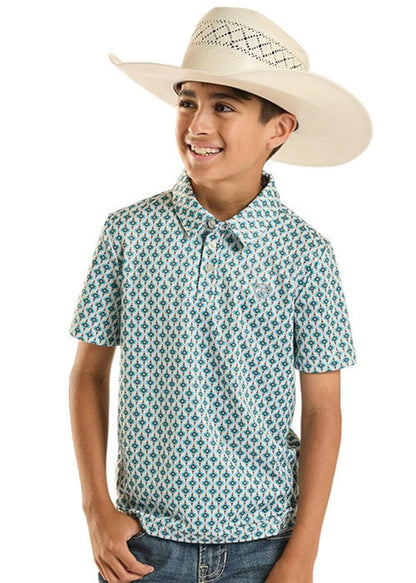 Rock & Roll Teal Mini Aztec Geo Print Kids Boys Polo BB51T08713
