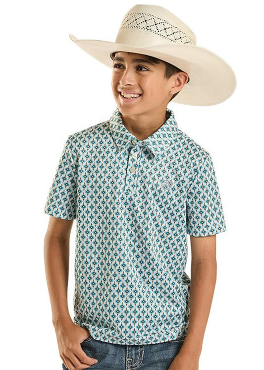 Rock & Roll Teal Mini Aztec Geo Print Kids Boys Polo BB51T08713