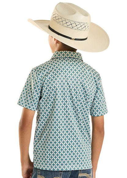Rock & Roll Teal Mini Aztec Geo Print Kids Boys Polo BB51T08713