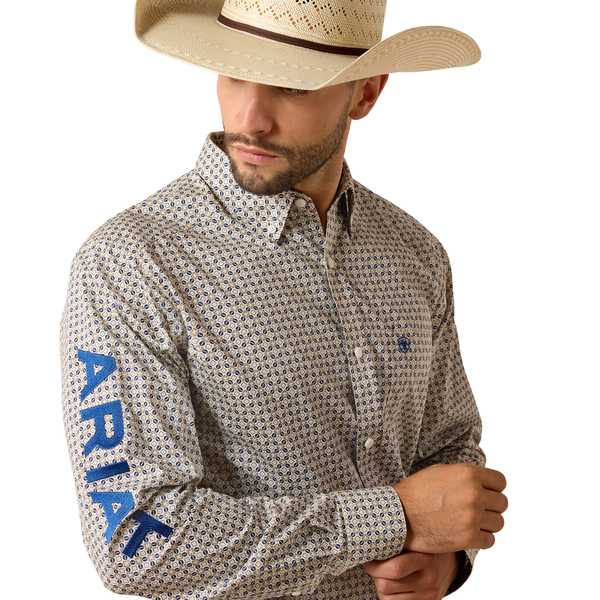 Ariat Men’s  Team Wells Fitted Khaki Blue LS Shirt 10071757