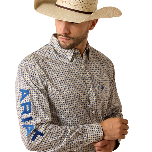 Ariat Men’s  Team Wells Fitted Khaki Blue LS Shirt 10071757