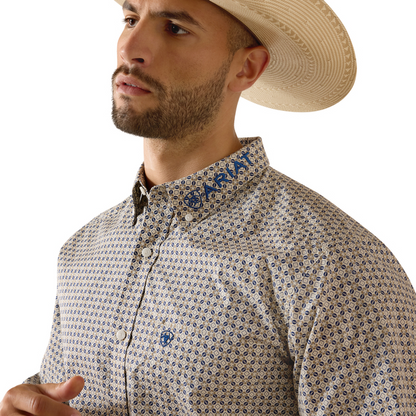Ariat Men’s  Team Wells Fitted Khaki Blue LS Shirt 10071757