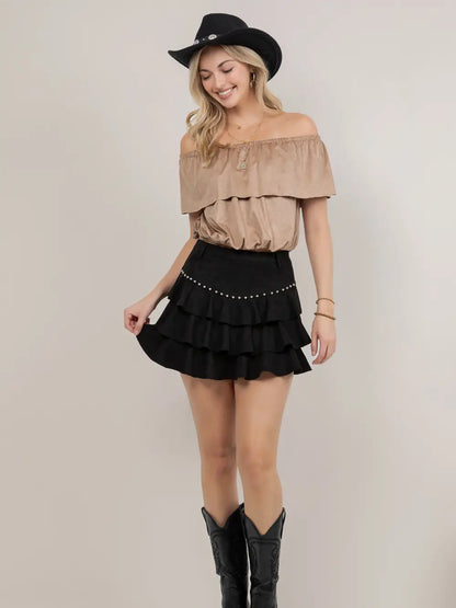 Saints & Hearts Women’s Black Stud Detail Tiered Ruffle Mini Skirt SIS1267A