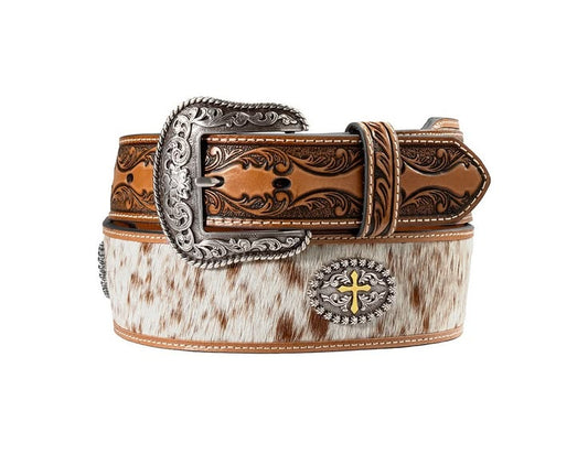 Nocona Western Belt Mens Cross Conchos Beaded Edges Tan N210010708