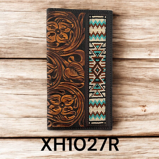 Twisted X Wallet Rodeo W Floral Carving TT Finish & Aztec Beads