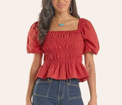 Rock&Roll Women’s  Red embroidered Sleeve Top BW51T08779