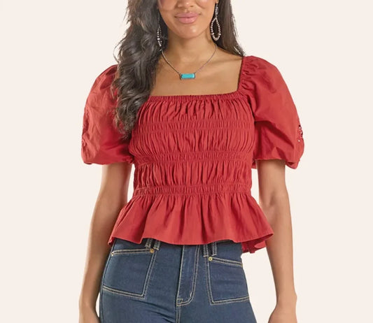 Rock&Roll Women’s  Red embroidered Sleeve Top BW51T08779