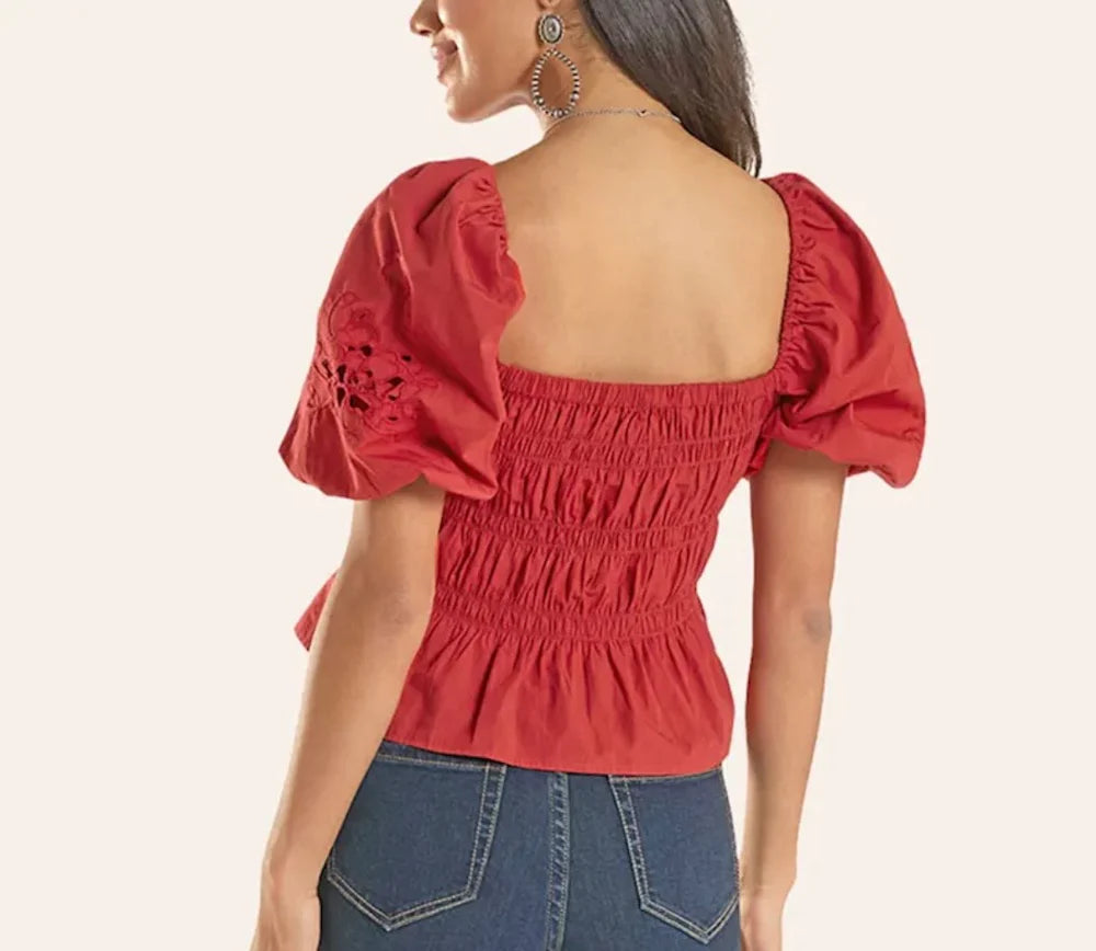 Rock&Roll Women’s  Red embroidered Sleeve Top BW51T08779