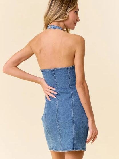Saints & Hearts Medium Wash Halter Denim Mini Dress SID2450A