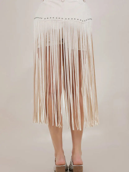 Saints & Hearts Women’s Cream Long Fringe Faux Suede Shorts SIP6355A