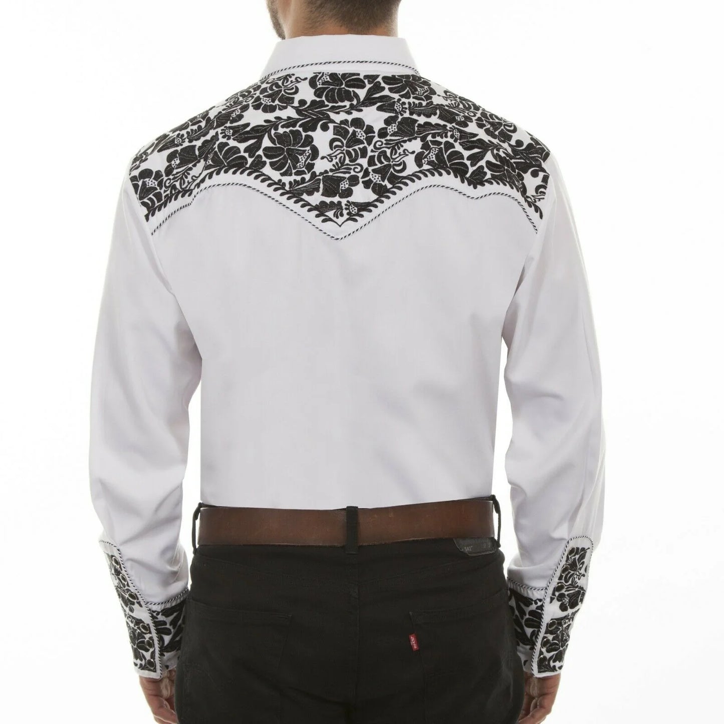 Scully Men's Floral Tooled Embroidery White & Black Shirts P-634-WBK