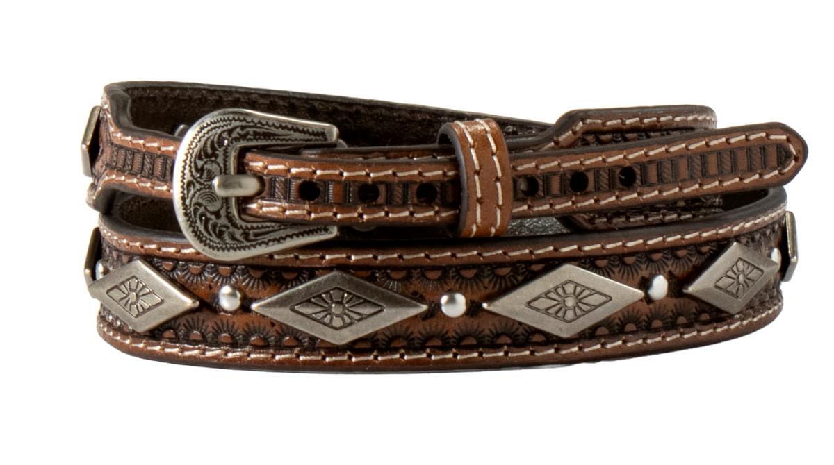 3D Western Mens Hatband Leather Tapered Floral Conchos Studs Brown D740001302