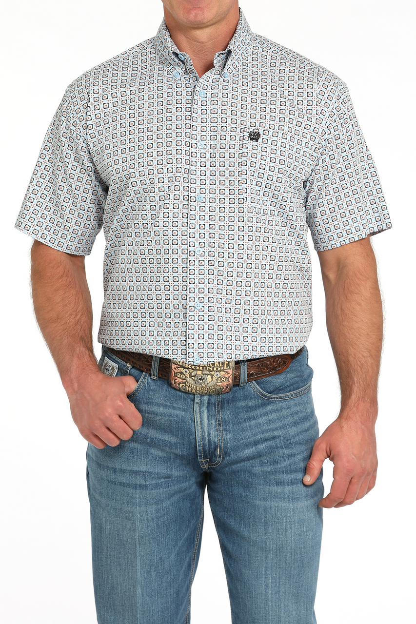 Cinch Light Blue Geometric Print Men’s Shirt  MTW1111490