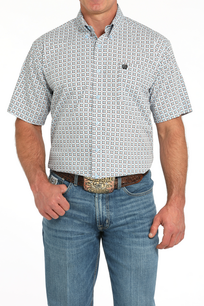 Cinch Light Blue Geometric Print Men’s Shirt  MTW1111490