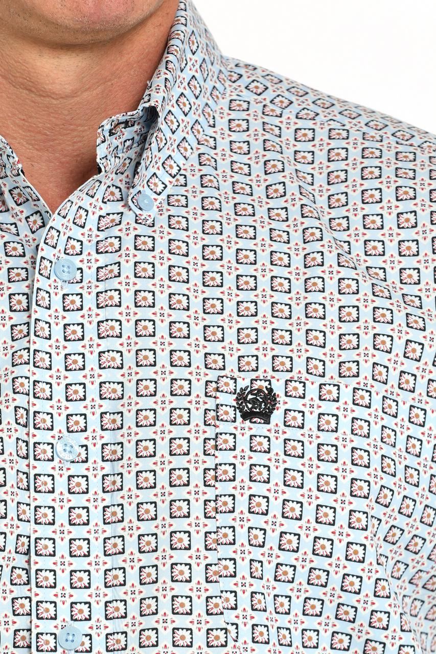 Cinch Light Blue Geometric Print Men’s Shirt  MTW1111490