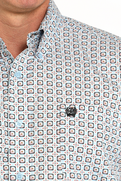 Cinch Light Blue Geometric Print Men’s Shirt  MTW1111490