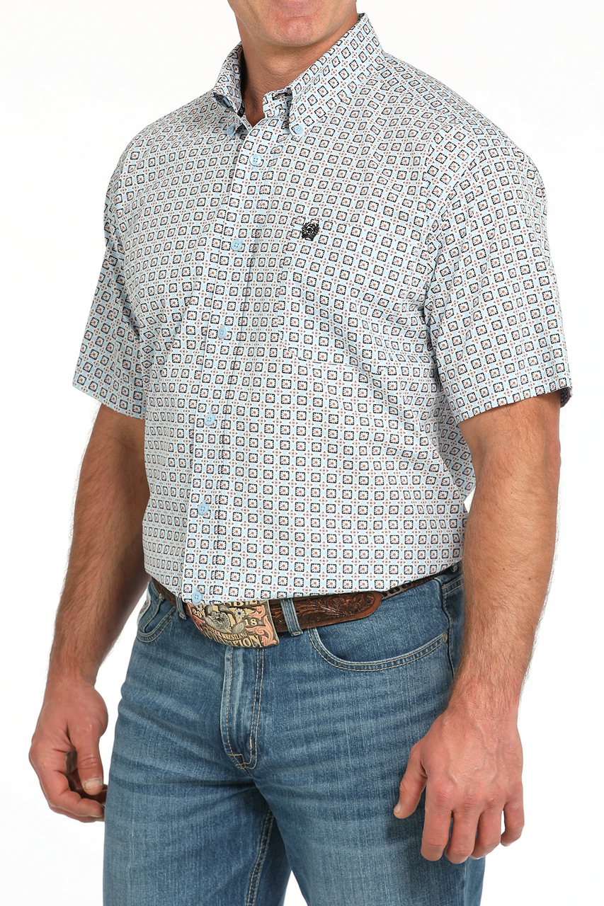 Cinch Light Blue Geometric Print Men’s Shirt  MTW1111490