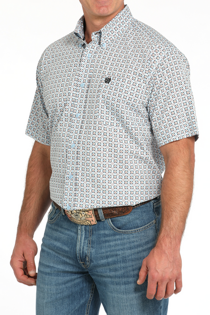Cinch Light Blue Geometric Print Men’s Shirt  MTW1111490