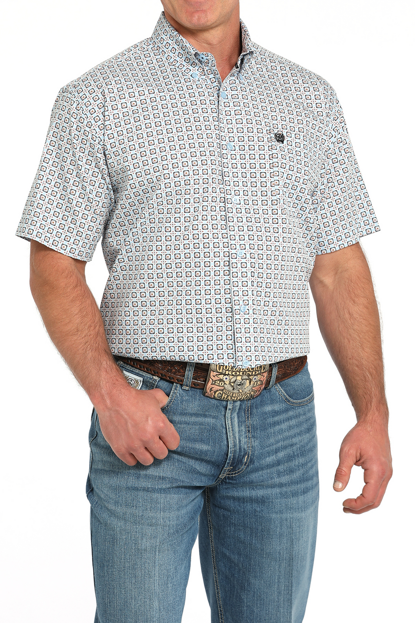 Cinch Light Blue Geometric Print Men’s Shirt  MTW1111490