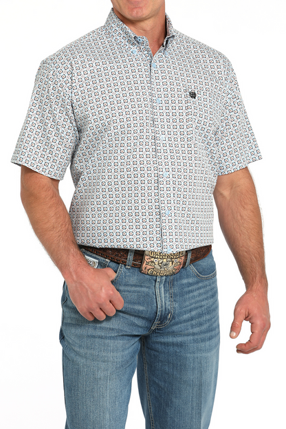 Cinch Light Blue Geometric Print Men’s Shirt  MTW1111490