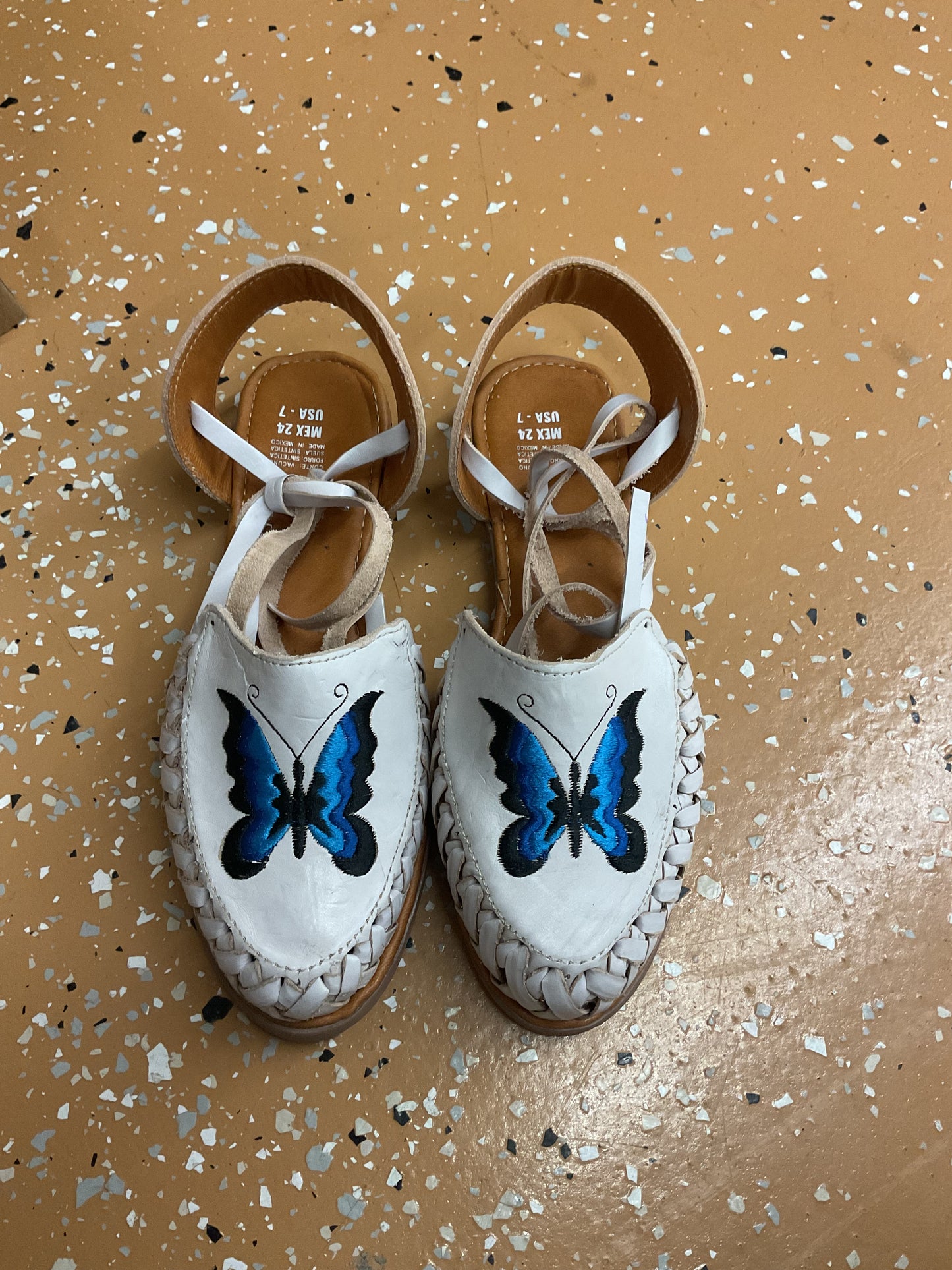 Mexican White Leather Butterfly Lace Up Women’s Sandals