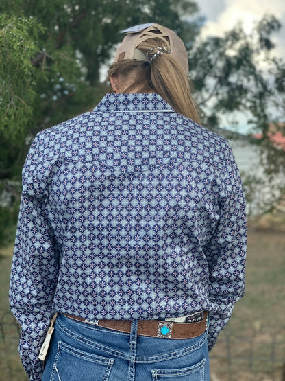 Cinch Women's Blue Print Long Sleeve Snap Front Shirt